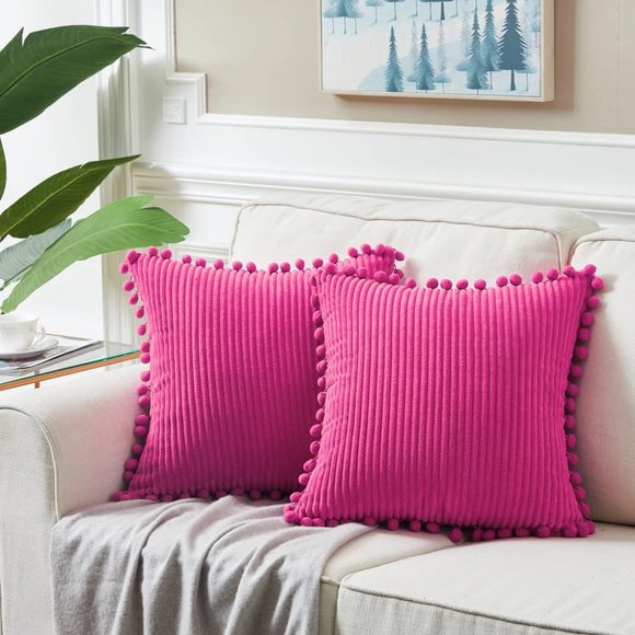 Hot Pink Corduroy Luxury Farmhouse Velvet Pompom Cute Throw Pillow Cover/CaseSet - Picture 8 of 8